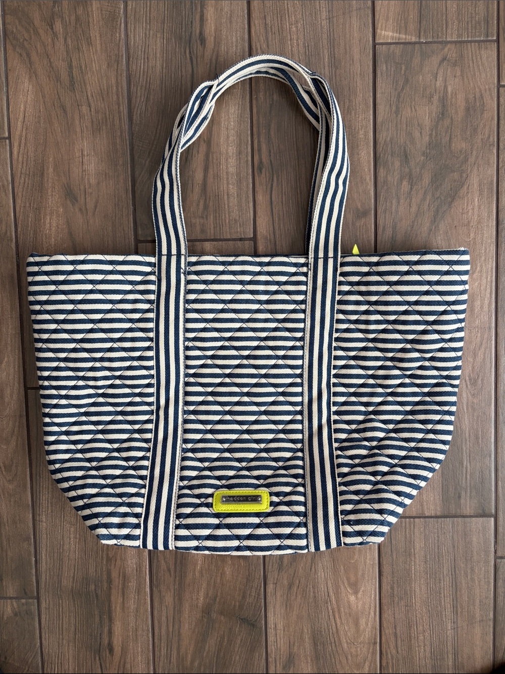 Madden Girl Navy and White Quilted Striped Tote with Bright Yellow Green Accent